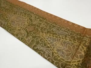 手織り紬抽象雫に花唐草・鳥模様織出し袋帯